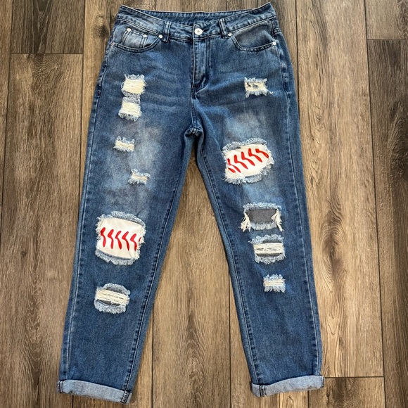 None Denim - Distressed Baseball Patch Boyfriend Jeans Blue Size 8